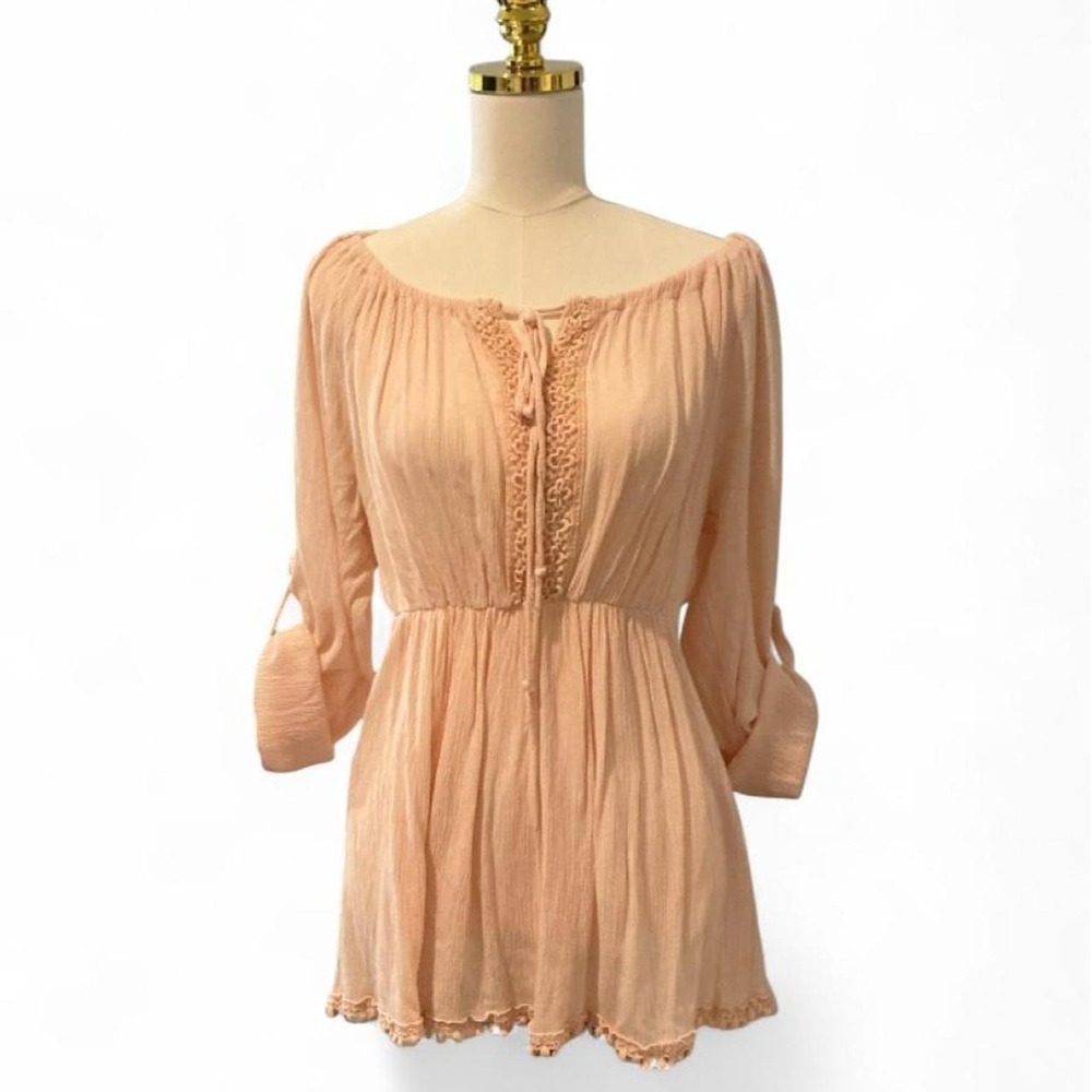 Giulia Peasant Tunic Top Womens Medium Peach Excellent‎ Boho Crochet Lace Gauze